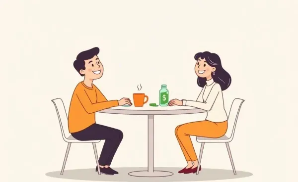 Couple discussing finances with smiles in a cartoon-style setting