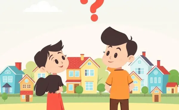 Couple deciding on a house to buy, surrounded by different house options