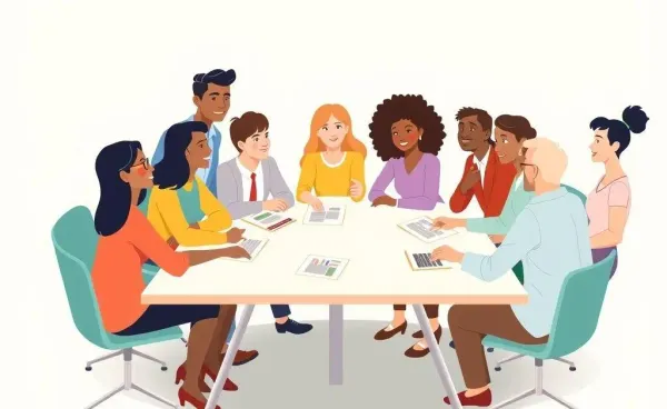 Cartoon-style illustration of a group discussing finances