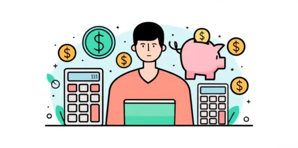 Person surrounded by financial symbols and tools