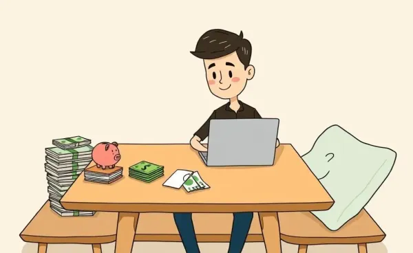 A person managing finances with a laptop, money, and a piggy bank