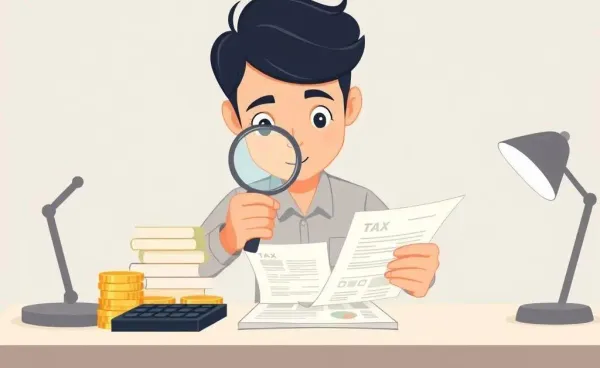 Person analyzing tax documents with coins and calculator