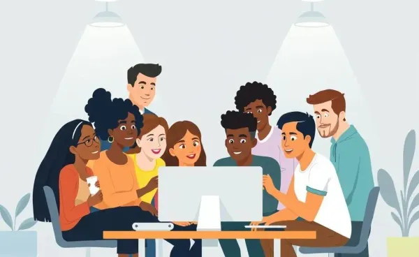 People gathered around a computer in a discussion