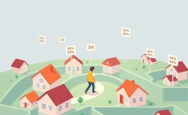 Cartoon person navigating a maze of homes with interest rate signs