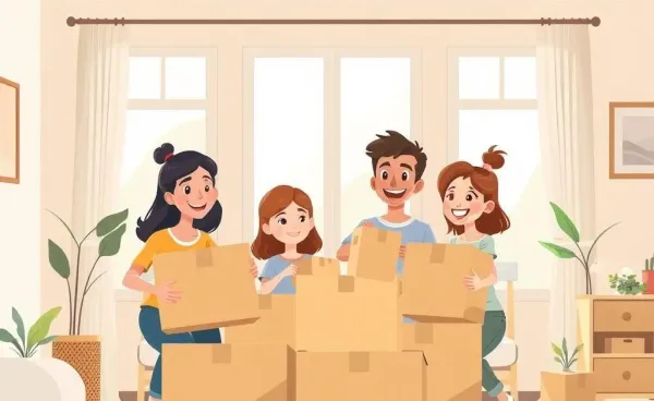Family packing boxes in living room for a move