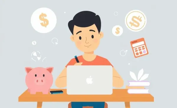 Person learning about personal finance with financial icons