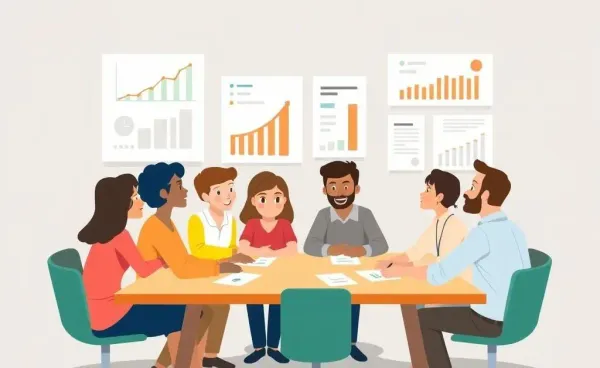 Group of people discussing finances with charts and graphs