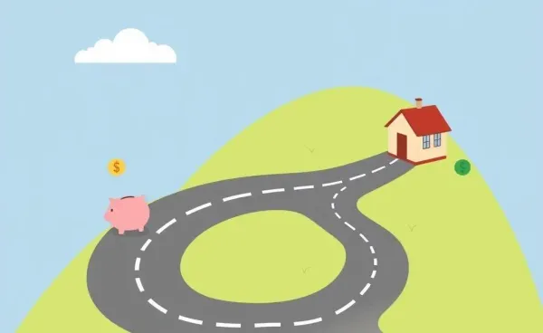 A cartoon illustration showing a road with various financial symbols on the path.