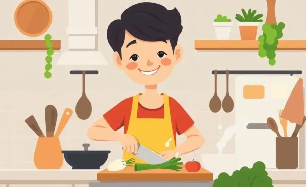 A cartoon-style image of a person happily cooking in a kitchen