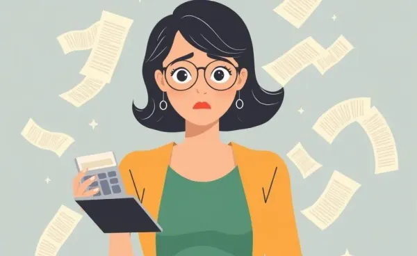 A perplexed woman surrounded by receipts and a calculator in hand