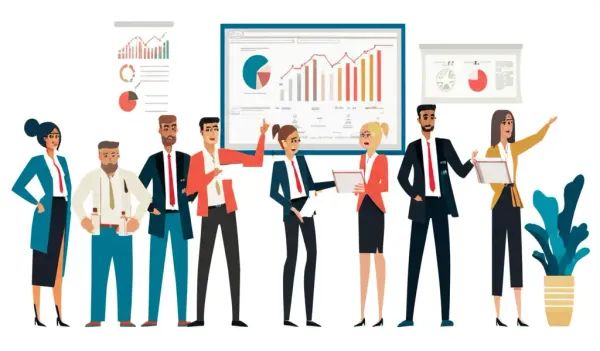 A diverse group of finance professionals in discussion in a modern office