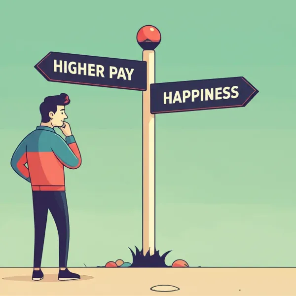 A person standing at a crossroads signpost labeled 'Higher Pay' and 'Happiness'.