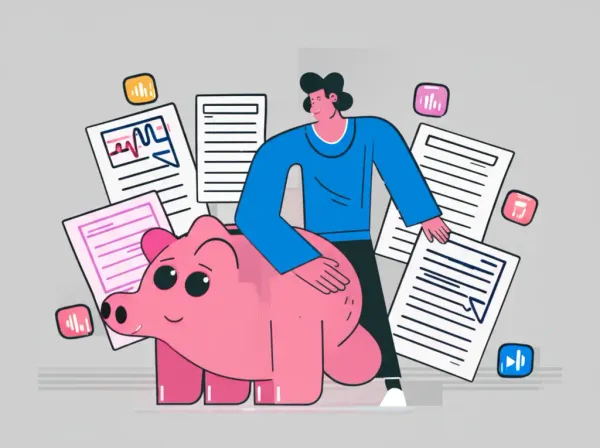 Person smiling with a piggy bank and financial graphs.