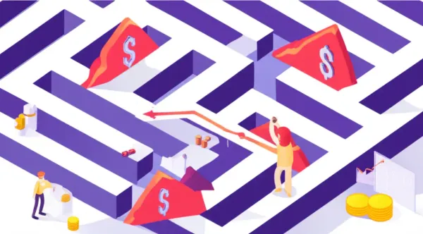 A person navigating a financial career maze with dollar signs and graphs