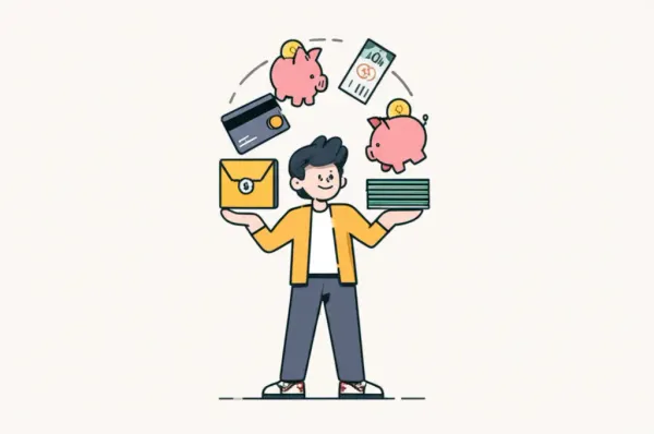 Illustration of a person juggling finance-related items symbolizing personal finance tips