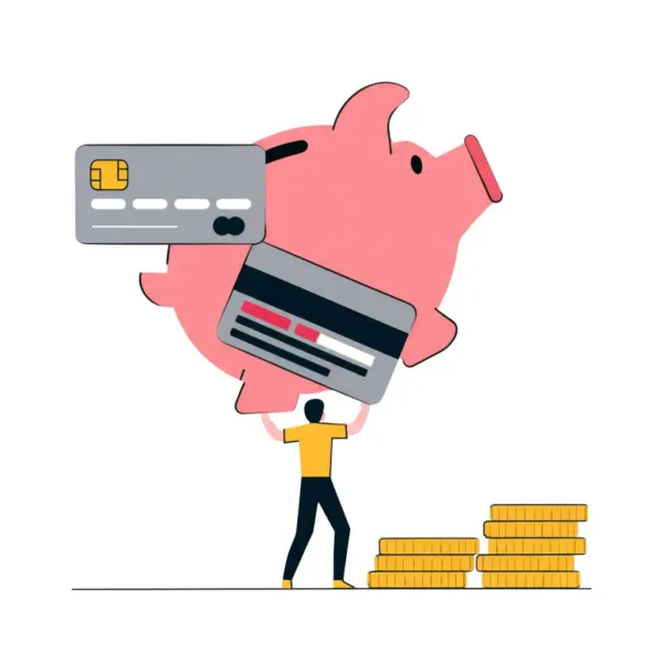 Cartoon illustration of personal finance management with a piggy bank, credit card, and coins.
