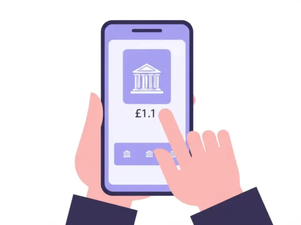 Surprised person looking at a bank app showing a deposit of £1