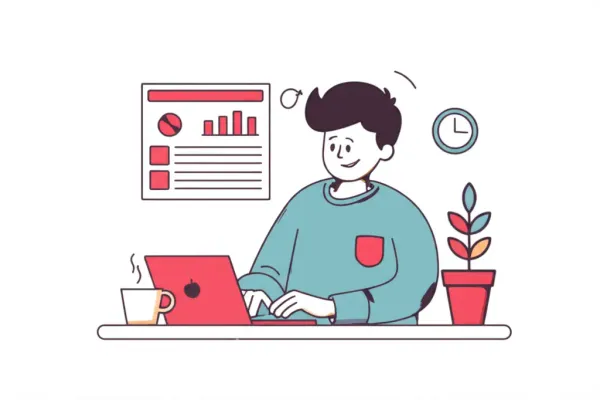 Person reviewing finances happily with a laptop and coffee