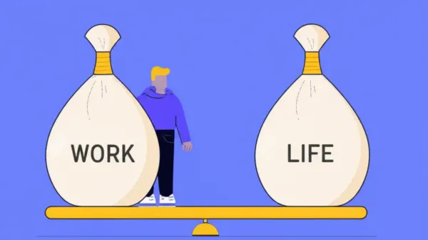 Person balancing work and life on a seesaw