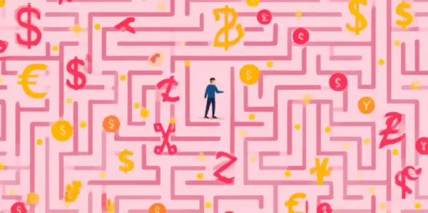A person navigating a maze with financial symbols
