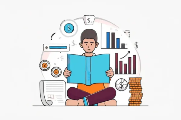 Person exploring financial literacy with money symbols