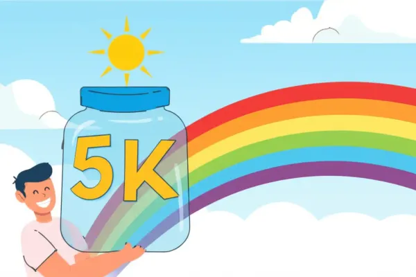 A person holding a savings jar labeled '5K' with a rainbow and sunny sky