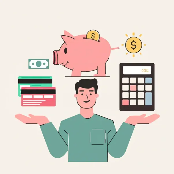 A person balancing financial items in a cartoon style