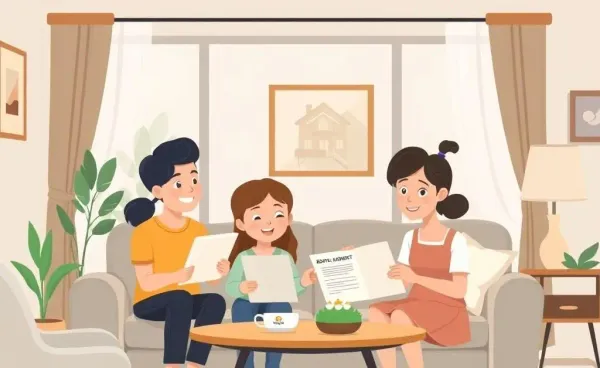 Two family members reviewing a rent-to-own agreement in a cozy living room