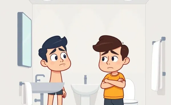 Roommates facing an awkward situation in a shared bathroom.