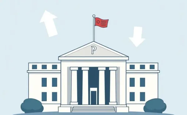 Cartoon illustration of the Federal Reserve building with symbolic rate change arrows