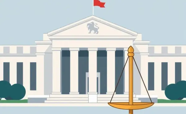 Federal Reserve building with a balancing scale symbolizing independence and economic stability