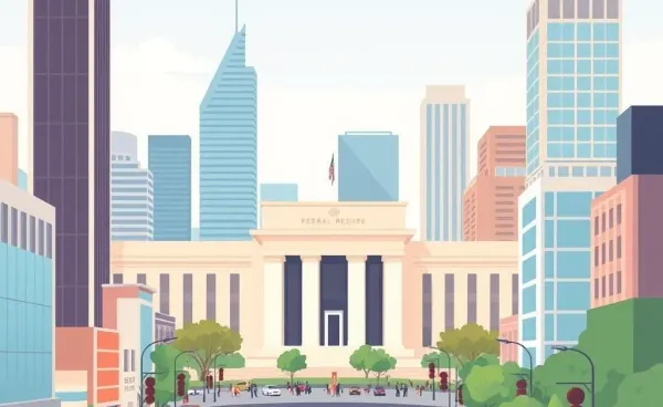 Cartoon illustration of the Federal Reserve building in a financial district
