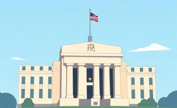 Cartoon illustration of the Federal Reserve building with balancing scales