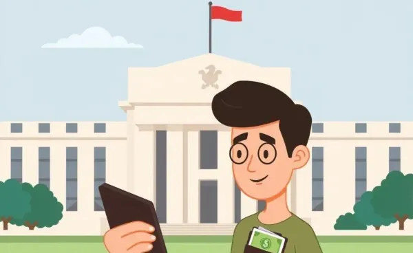 A person examining their wallet with the Federal Reserve building in the background.