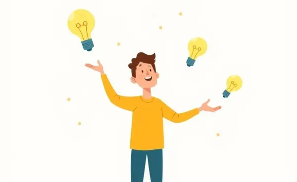 Person juggling questions and lightbulbs representing ideas and feedback