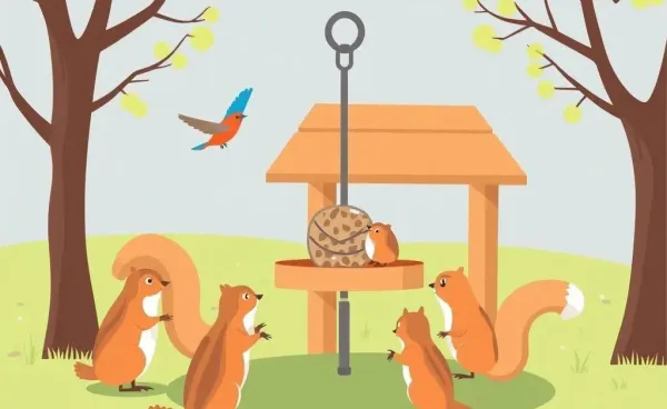 A cartoon illustration of birds and squirrels at a feeding station