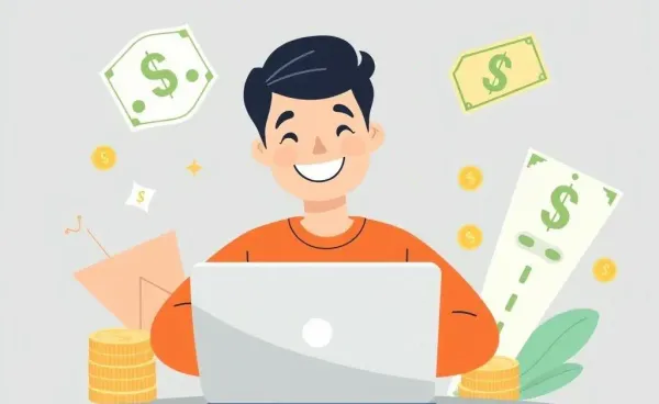 Person happily managing finances with a laptop and money symbols