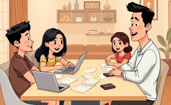A Filipino family engaged in a financial discussion around a table
