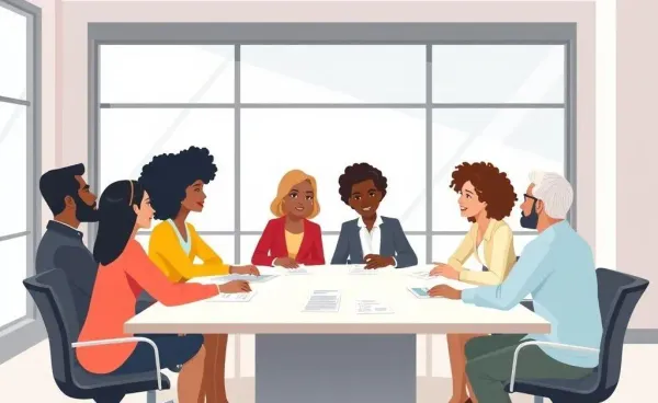 Diverse group discussing finance careers at a meeting table