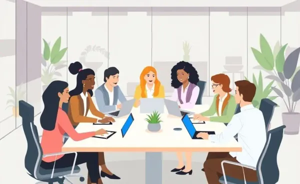 A diverse group seated around a table discussing finance career paths