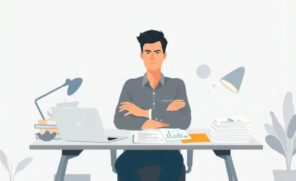 Person at desk with finance materials, feeling confident