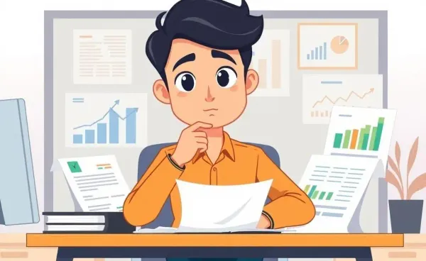 A thoughtful person at a desk dealing with finances, looking motivated.