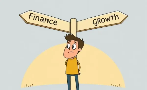 A person standing at a crossroads with signs labeled 'Finance' and 'Growth'