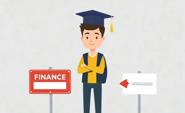 A student at a crossroads choosing between a finance degree and a job offer