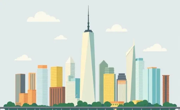 A cartoon-style city skyline depicting the financial industry