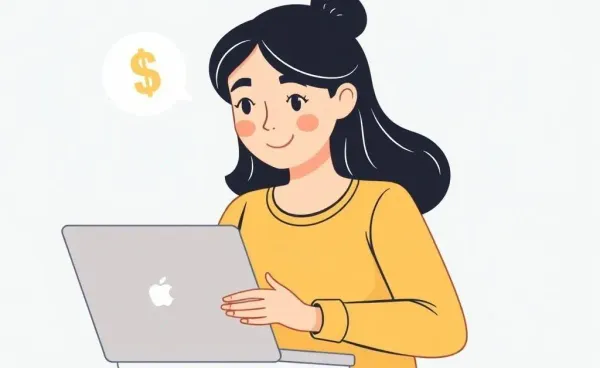 Illustration of a woman managing her finances online with a laptop