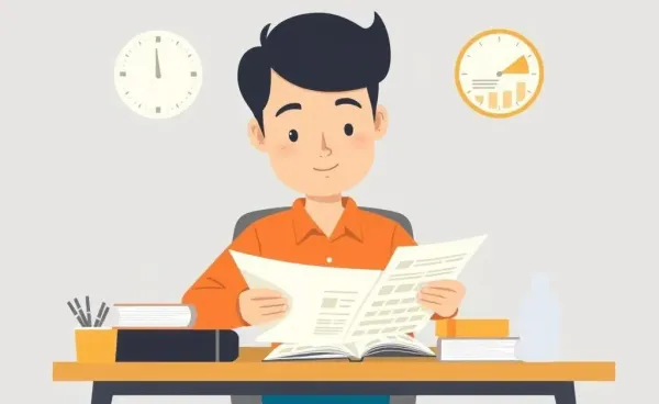 A cartoon-style image of a person reviewing finances at a desk