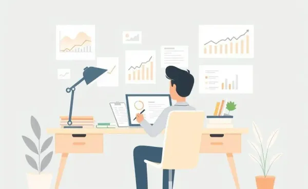 A person at a desk organizing finances with charts and graphs in view