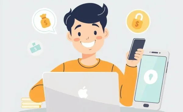 Person managing finances on multiple devices with security symbols