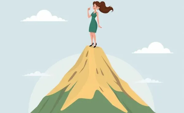 Cartoon-style woman atop a mountain symbolizing financial achievement